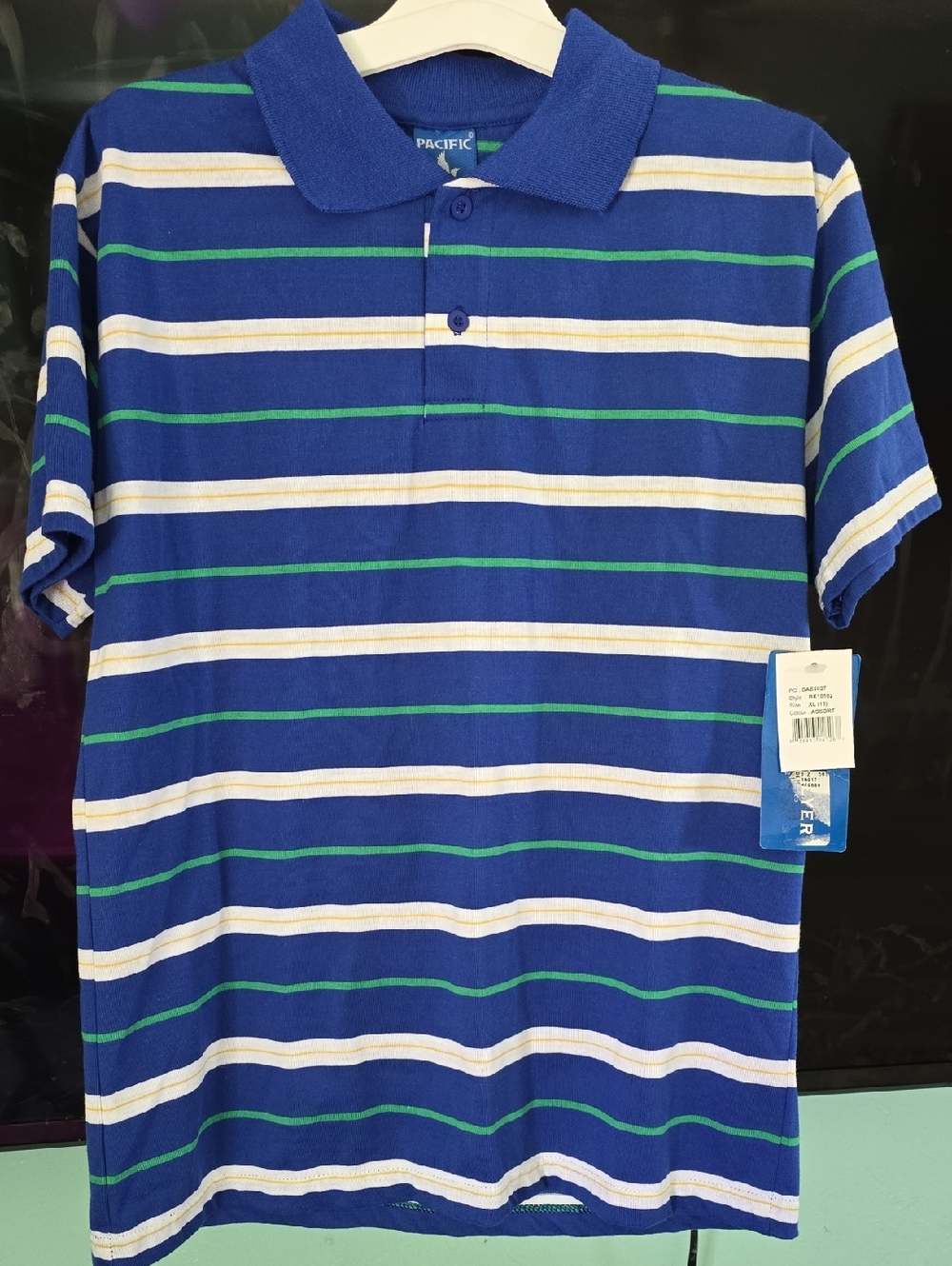 Pacifica Men's Royal Blue Striped Polo with Green & White Bands